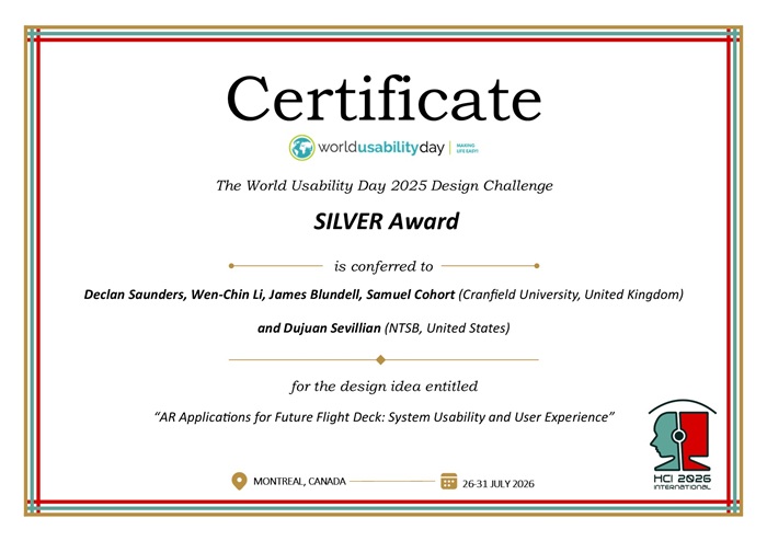 Certificate for the SILVER 2025 World Usability Day (WUD) Design Challenge (DC) award. Details in text following the image